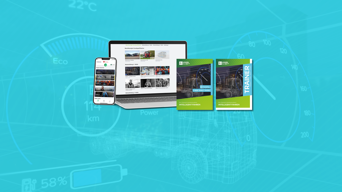 4. Welle Modul 1 "Intelligent Fahren" - Abbildung des Teilnehmerhefts, des Trainerhefts, der App sowie des Trainings am Desktop