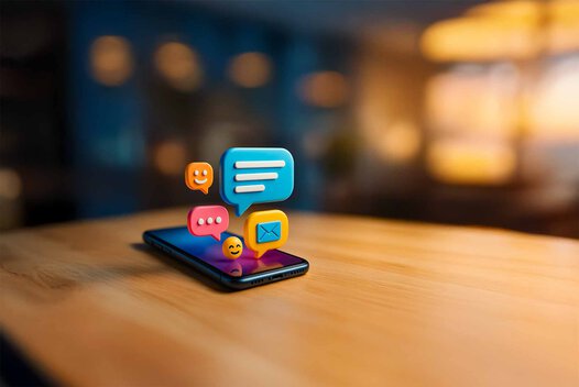 Smartphone liegt auf dem Tisch. Bunte 3D-Emojis schweben heraus. 