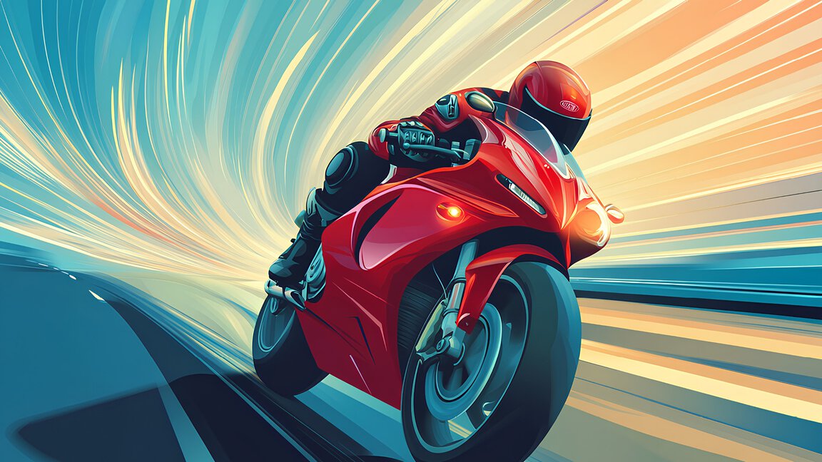 Illustration eines roten Sportmotorrads, das mit hoher Geschwindigkeit über eine Straße fährt, umgeben von dynamischen Licht- und Bewegungseffekten