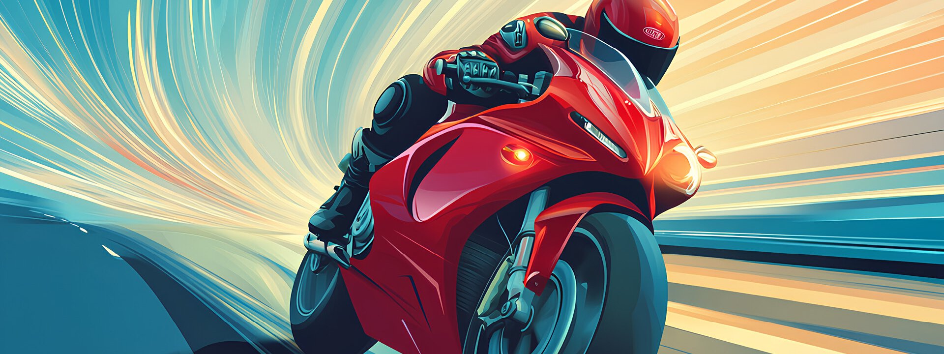 Roter Sportmotorradfahrer auf dynamischer Hochgeschwindigkeitsfahrt Illustration eines roten Sportmotorrads, das mit hoher Geschwindigkeit über eine Straße fährt, umgeben von dynamischen Licht- und Bewegungseffekten