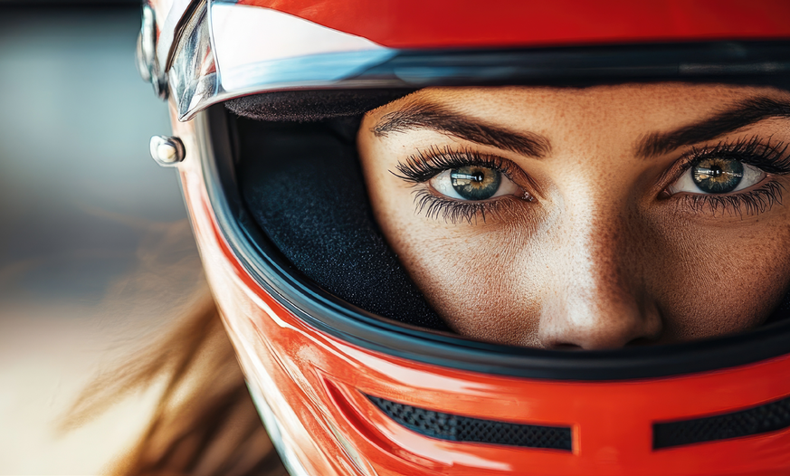 Nahaufnahme einer Frau mit rotem Motorradhelm