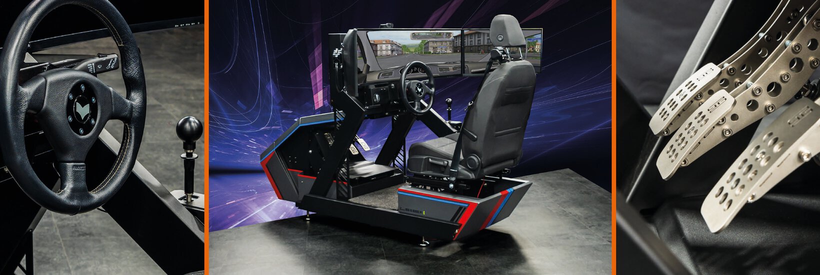 Collage bestehend aus drei Bildern des Vogel Simulator Premiums bildet Lenkrad, den ganzen Simulator und die Pedalerie ab 