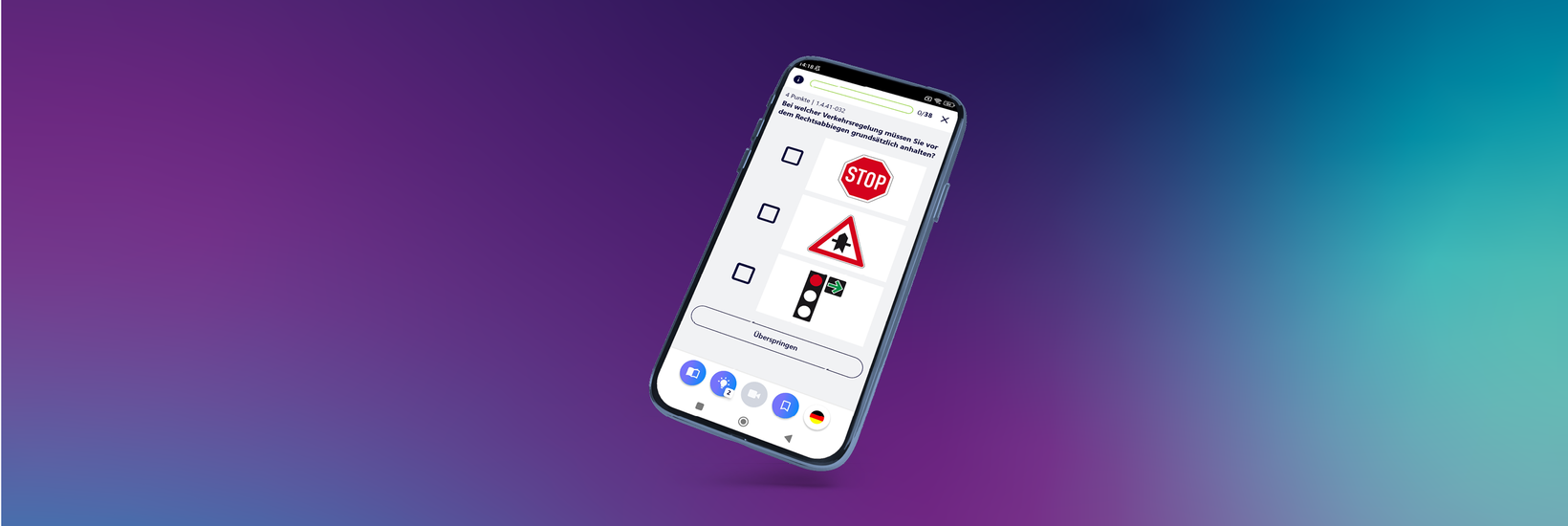 Smartphone mit einem Screenshot aus Fahren Lernen Max Premium zeigen die Auswahlaufgaben