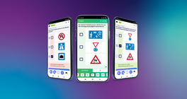 Drei Smartphones mit einem Screenshot aus Fahren Lernen Max Premium zeigen die Auswahlaufgaben