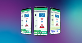 Drei Smartphones mit einem Screenshot aus Fahren Lernen Max Premium zeigen die Auswahlaufgaben
