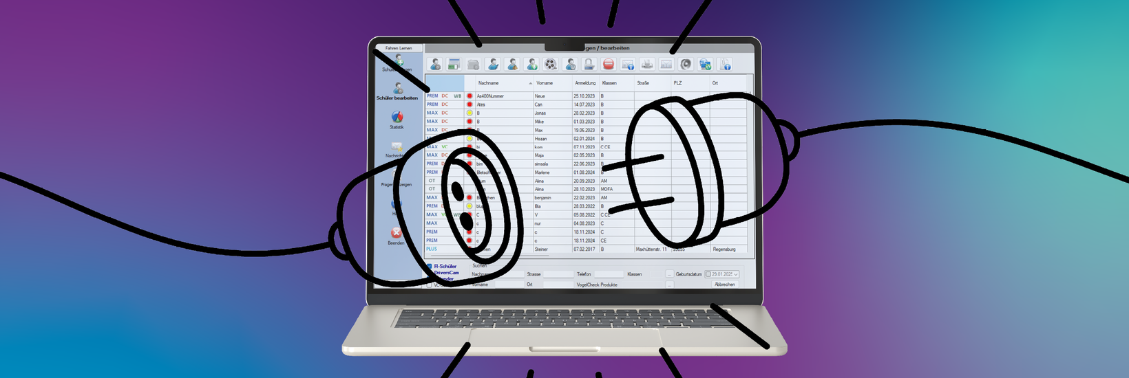 Alte Fahren Lernen Verwaltung Screenshot der alten Verwaltung mit Skizze von einem auseinander gesteckten Stromkabel