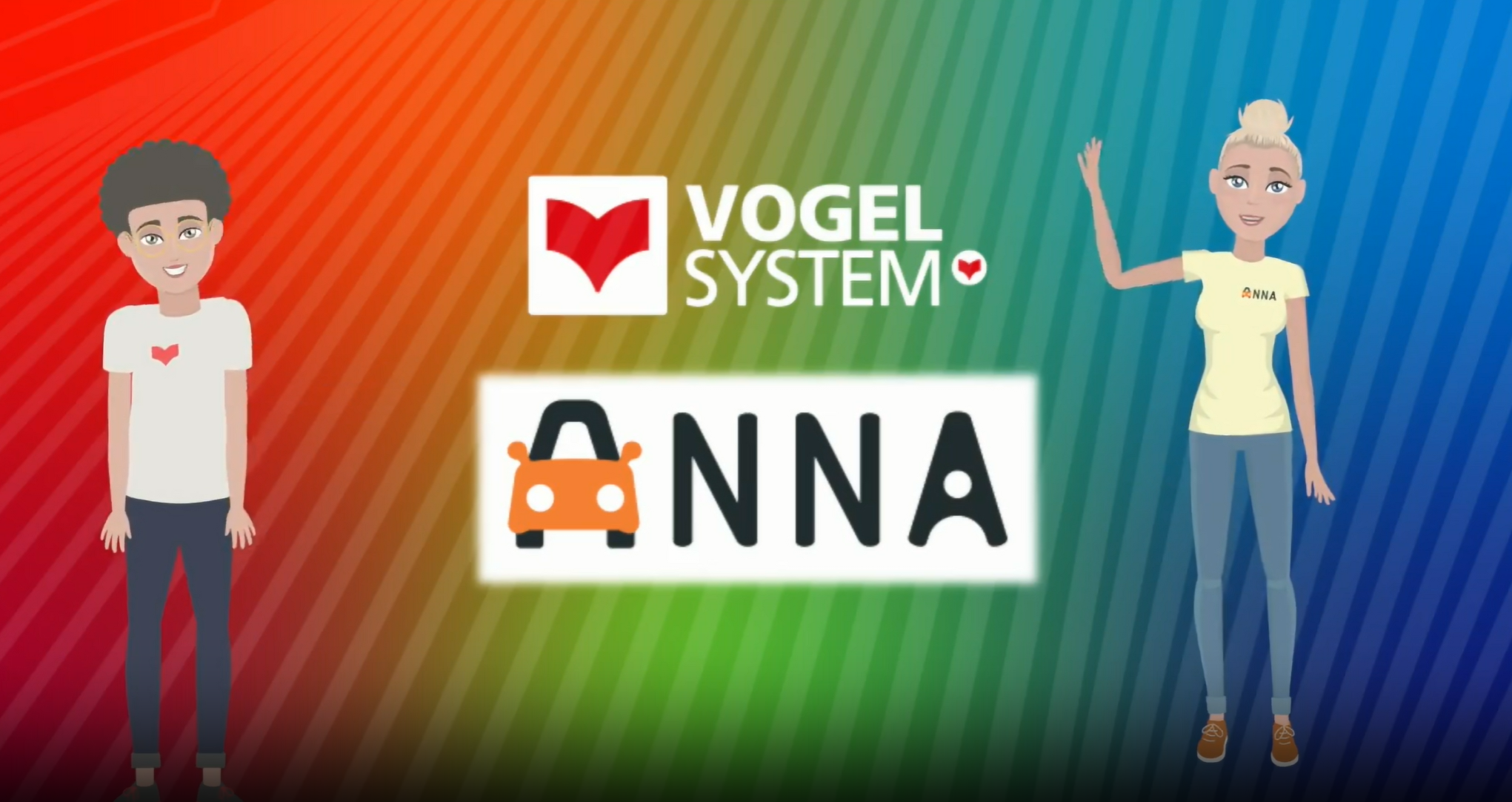 Zwei Comiczeichnungen und dazwischen das Vogel System Logo und der ANNA Logo