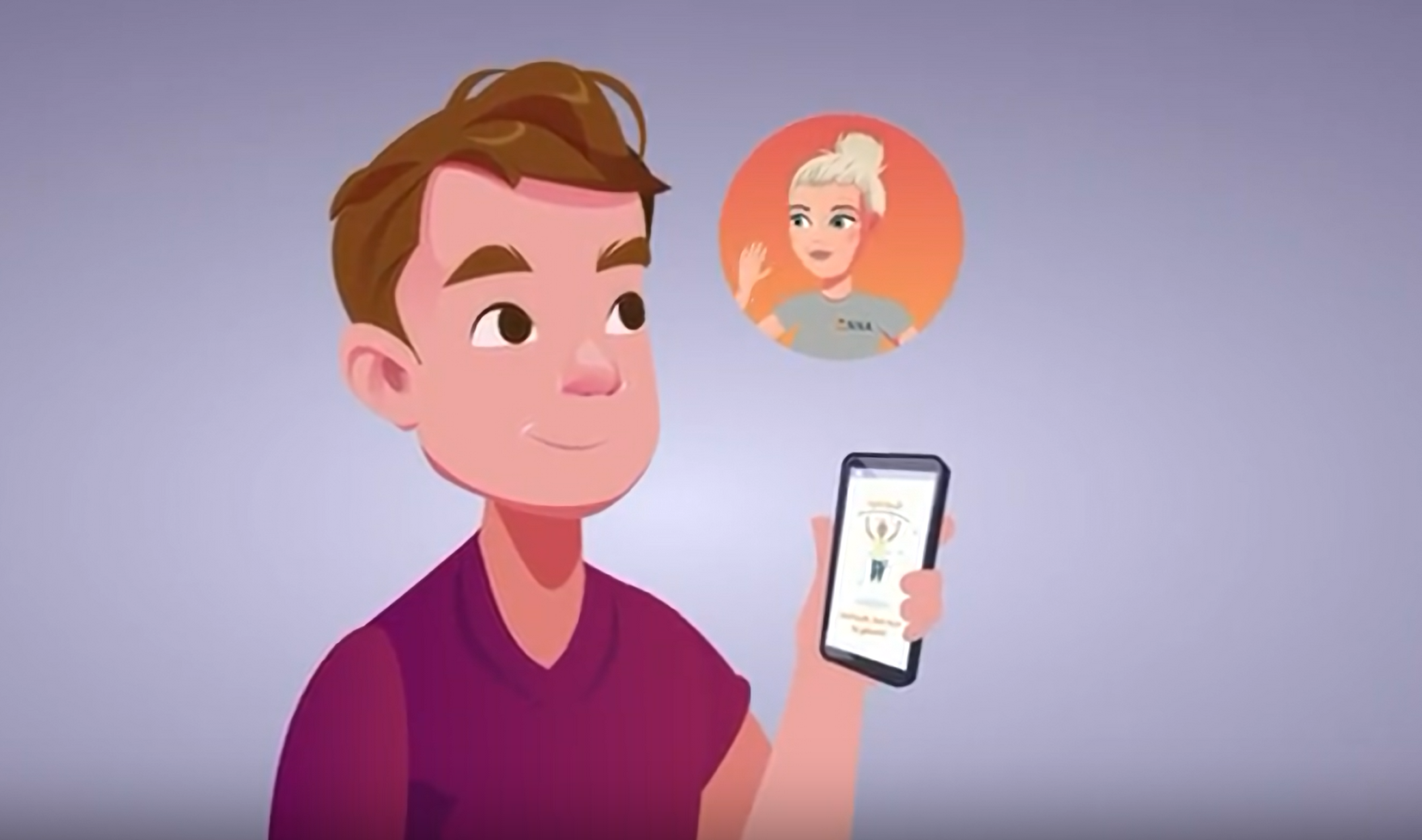 Comiczeichnung eines junges Mannes mit Handy in der Hand und einer Frau in einer Gedankenblase