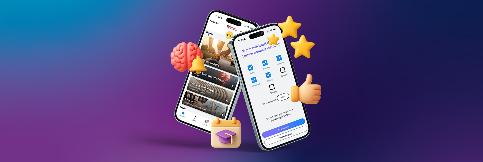 Fahren Lernen Erinnerungsfunktion Zwei Smartphones mit Fahren Lernen Screenshots zur Erinnerungsfunktion umgeben von dreidimensionalen Emojis