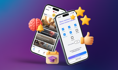 Zwei Smartphones mit Fahren Lernen Screenshots zur Erinnerungsfunktion umgeben von dreidimensionalen Emojis