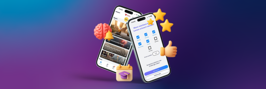 Zwei Smartphones mit Fahren Lernen Screenshots zur Erinnerungsfunktion umgeben von dreidimensionalen Emojis