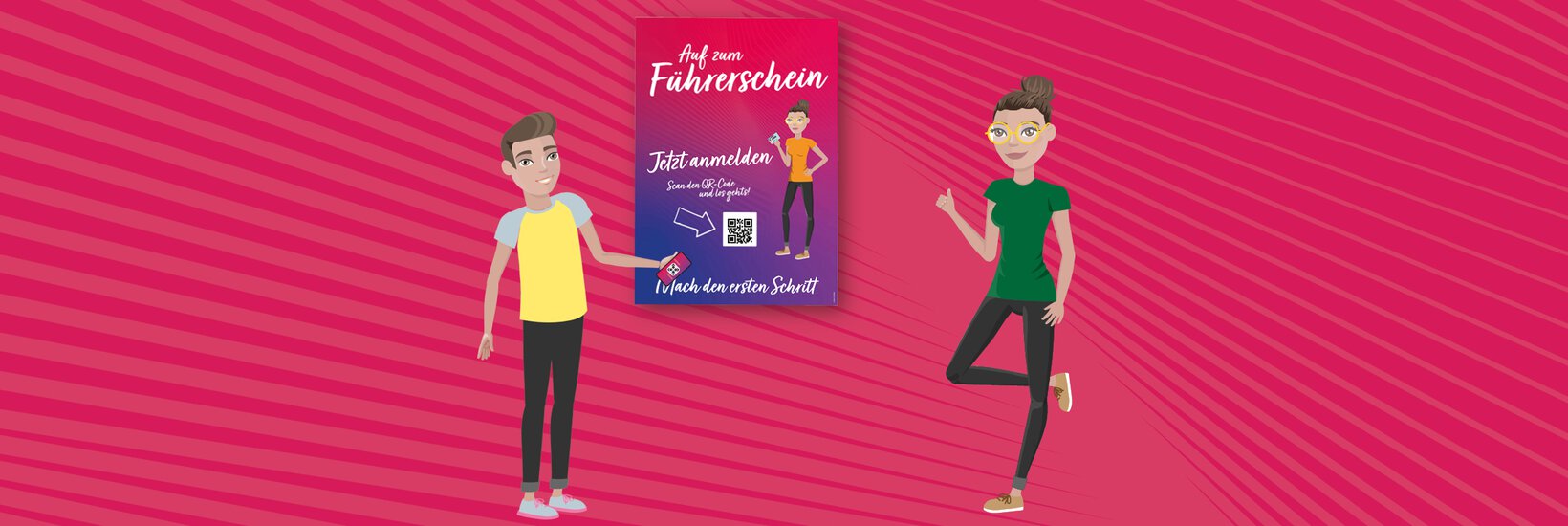 Maxi - die einfache Fahrschul-Anmeldung Illustrierter Fahrschüler und Maxi vor pinken Hintergrund