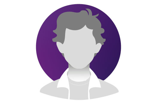 Abstrakte Abbildung einer Person mit kurzen Haaren im Porträt in Grautönen vor einem farbigen Kreis im Hintergrund