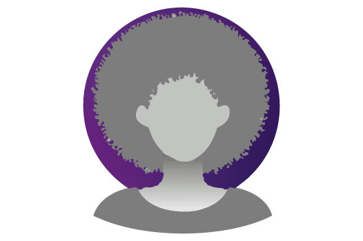 Abstrakte Abbildung einer Person mit langen Haaren im Porträt in Grautönen vor einem farbigen Kreis im Hintergrund