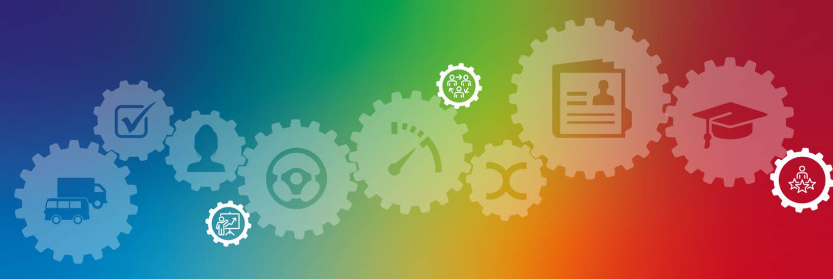 Transpartente weiße Zahnräder mit Icons vor einem farbigem Verlauf