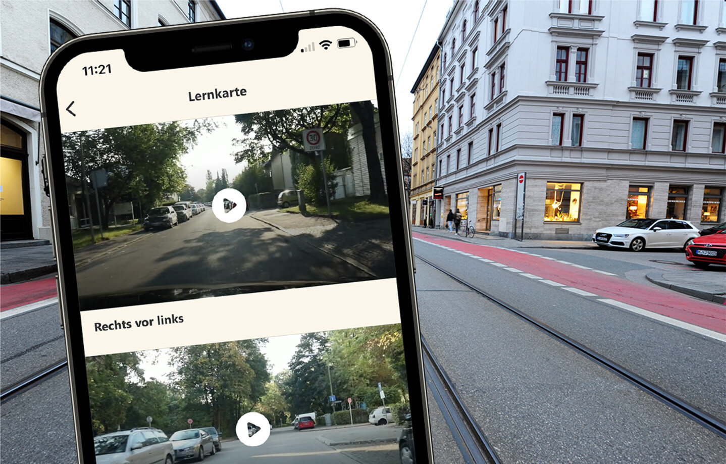 Drivers Cam Lernkarte in Fahrlehrer App vor städtischem Hintergrund