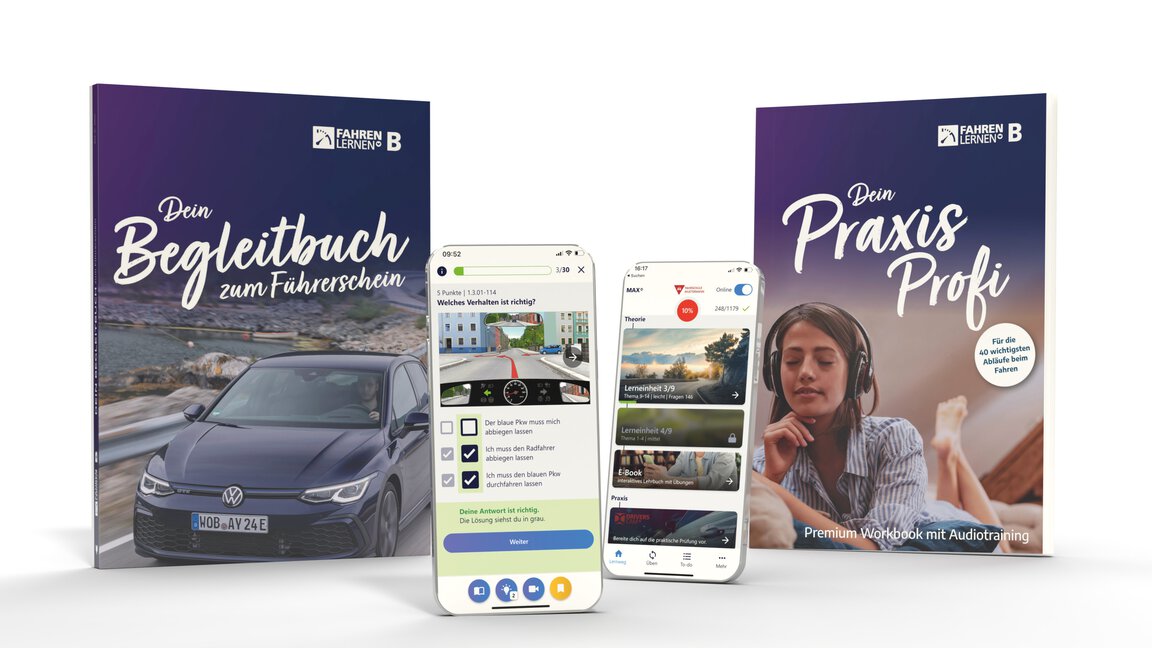Abbildung des Fahren Lernen Max Premium Sets bestehend aus Begleitbuch, App und Praxis-Profi