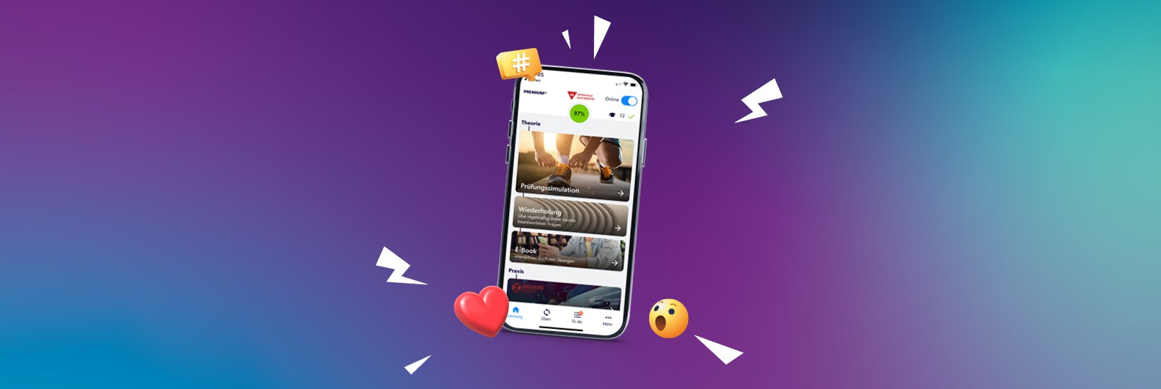 Abschalten alte Fahren Lernen App Smartphone mit Fahren Lernen Max Premium vor lila-blauem Verlauf und Emojis