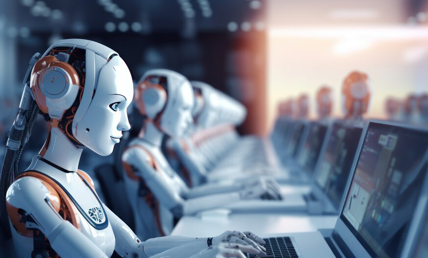 Der Autopilot für Ihr Geld ist Vogel Pay Roboter arbeiten an Laptops