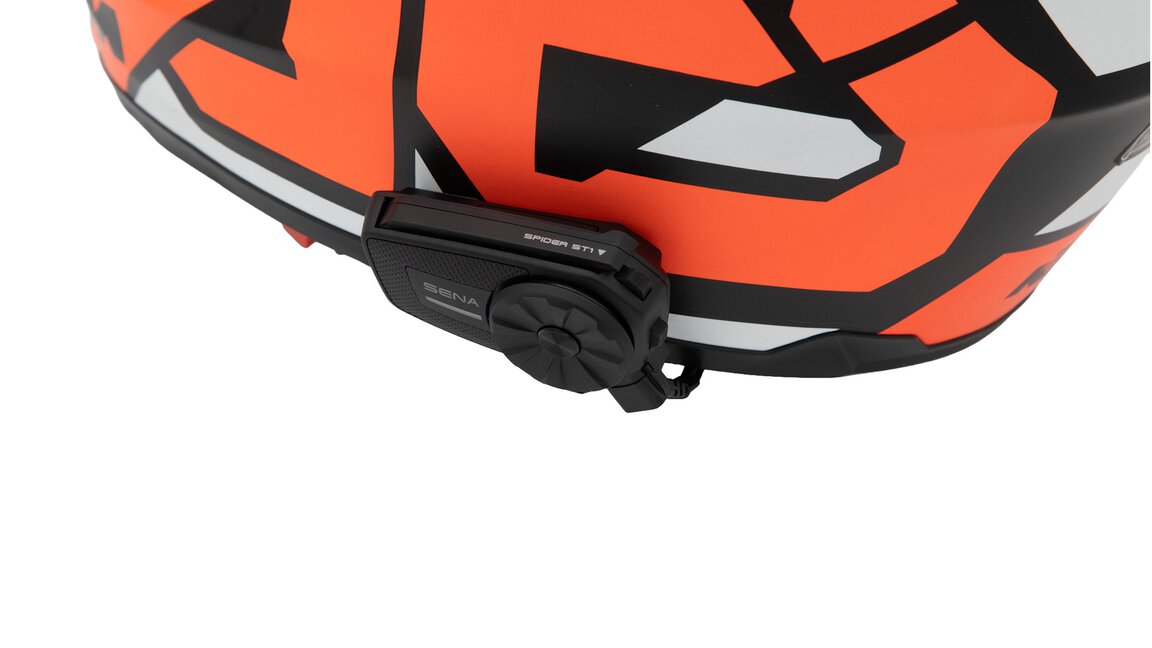 roter Motorradhelm mit SENA Spider ST1-10 Funkgerät