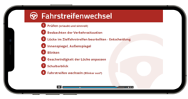 Fahrstreifenwechsel Schritt für Schritt Anleitung Smartphone im Querformat mit Schritt für Schrittanleitung zum Fahrstreifenwechsel
