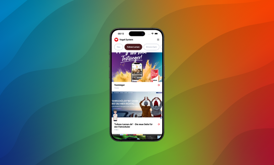Screenshot der Vogel System App vor Abstraktem Hintergrund mit intensiv farbigem Verlauf