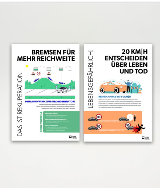 Zwei Infoposter jeweils zu dem Thema Rekuperation und Bremsweg