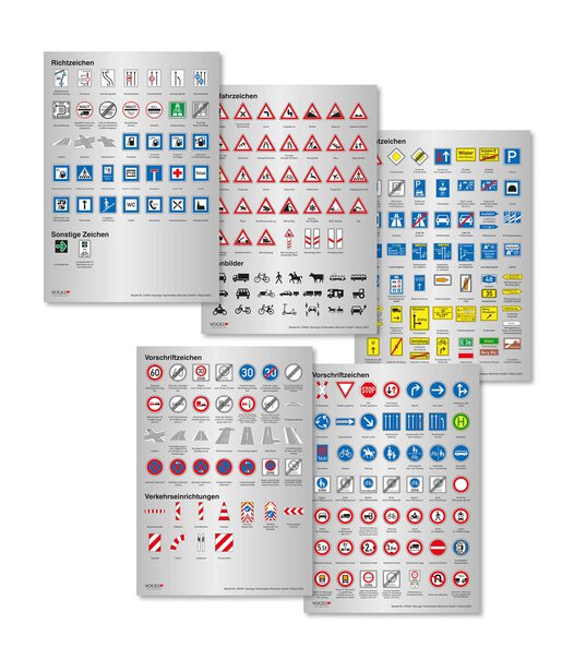 Fünf Poster mit wichtigen Verkehrszeichen